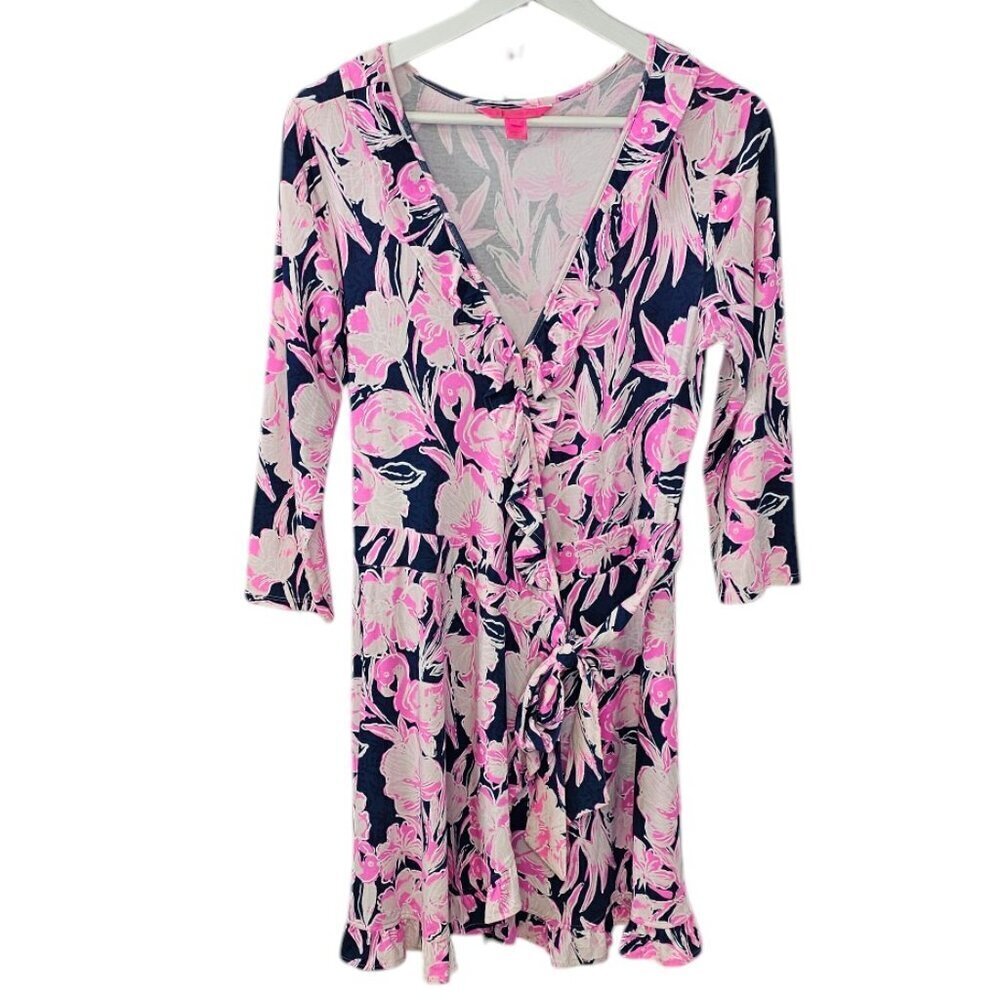 Lilly Pulitzer Jessalynne Romper, Wrap, V-Neck, Floral Flamingo, Stretch, Size M